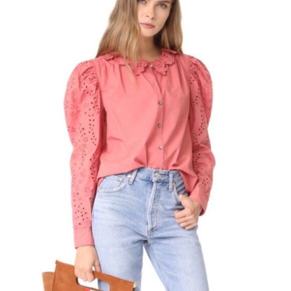 EUC La Vie Rebecca Taylor Tea Rose Eyelet Poplin Blouse Small - Picture 1 of 9